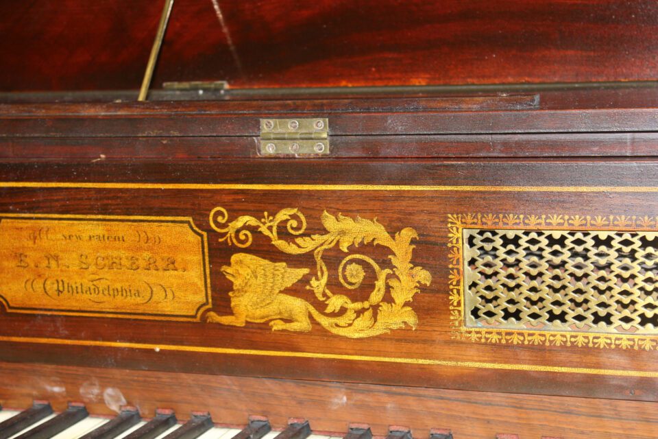 Scherr square piano name board detail
